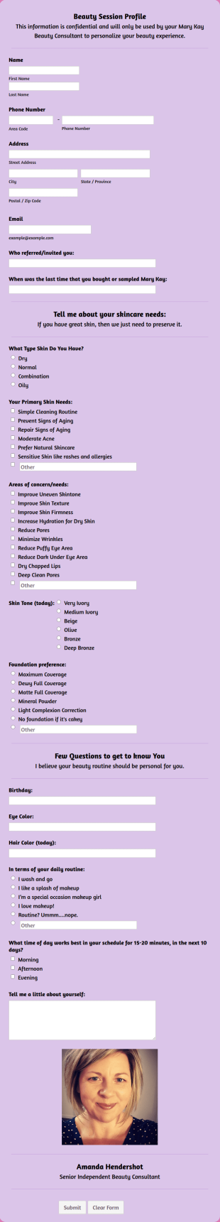 Amanda Hendershot MK Pamper Pack Profile Form Template