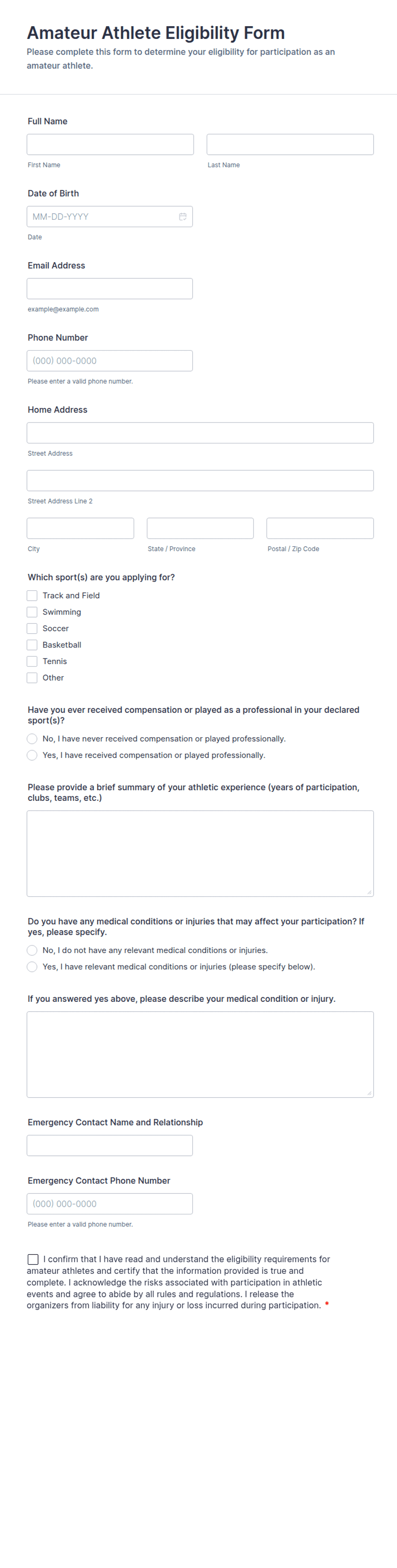 Amateur Athlete Eligibility Form Template | Jotform