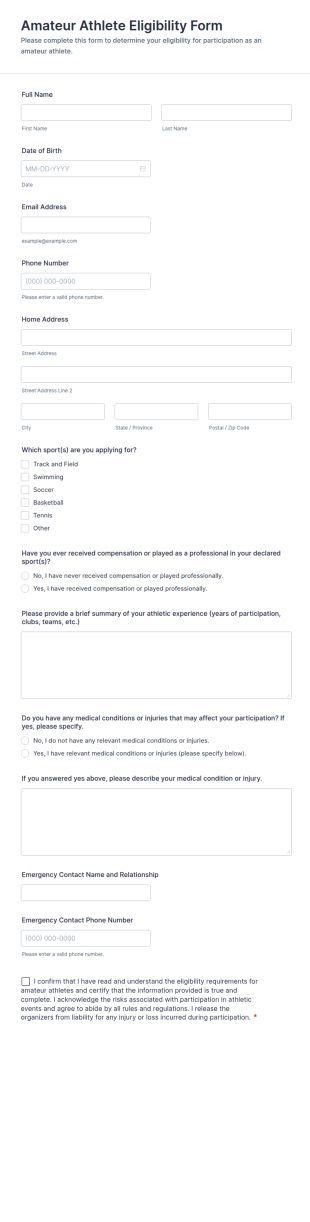 Amateur Athlete Eligibility Form Template