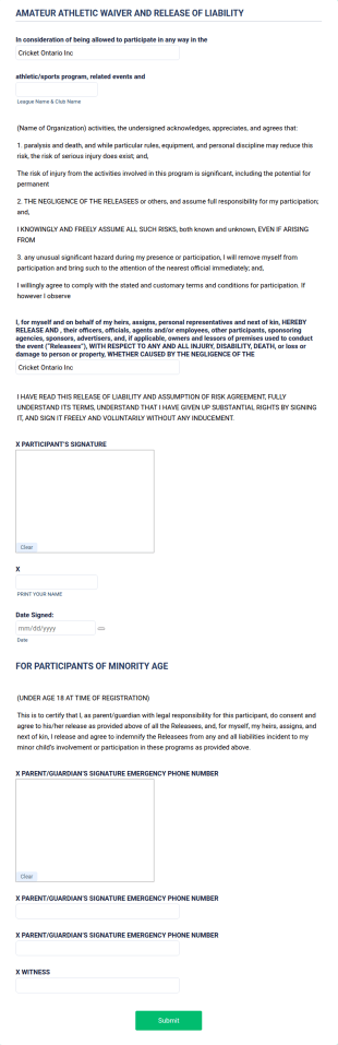 Amateur Athletic Waiver And Release Of Liability Form Template