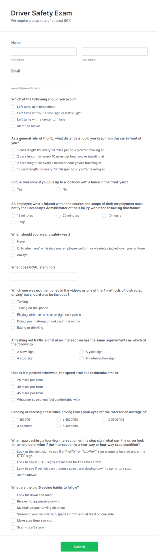 Driver Safety Exam Form Template