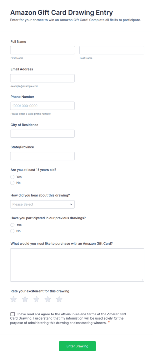 Amazon Gift Card Drawing Entry Form Template