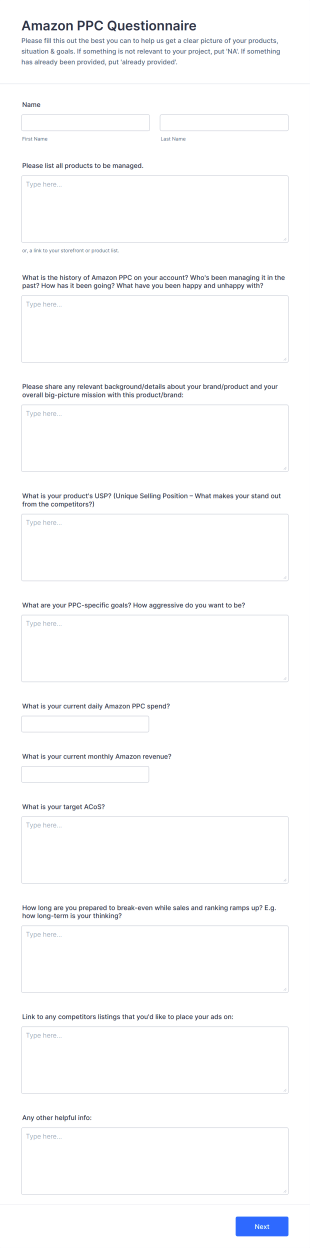 Amazon PPC Questionnaire Form Template