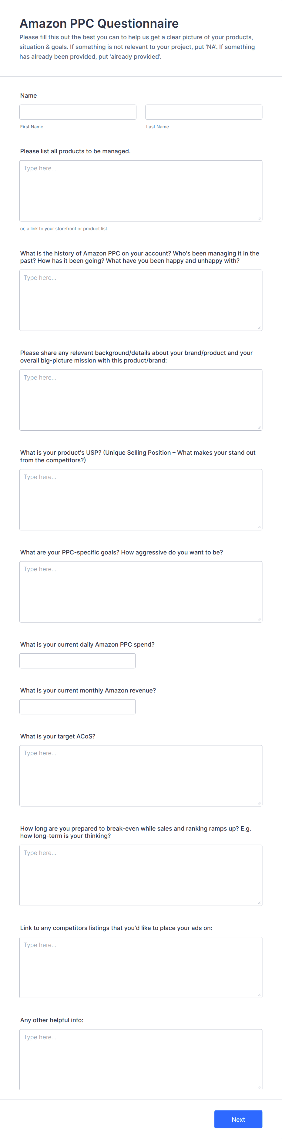 Amazon PPC Questionnaire Form Template | Jotform