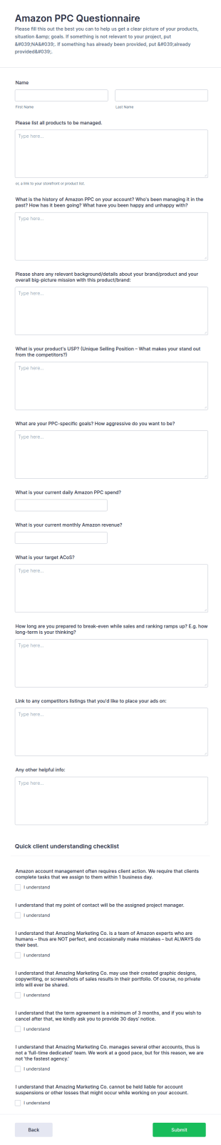 Amazon PPC Questionnaire Form Template