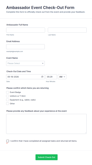 Ambassador Event Check Out Form Template