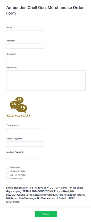Merchandising Request And Order Form Template