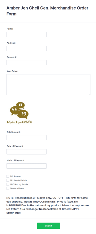 Merchandising Request And Order Form Template