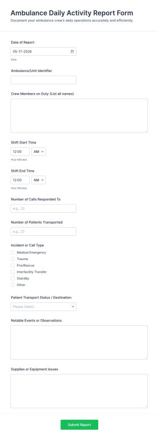 Ambulance Daily Activity Report Form Template