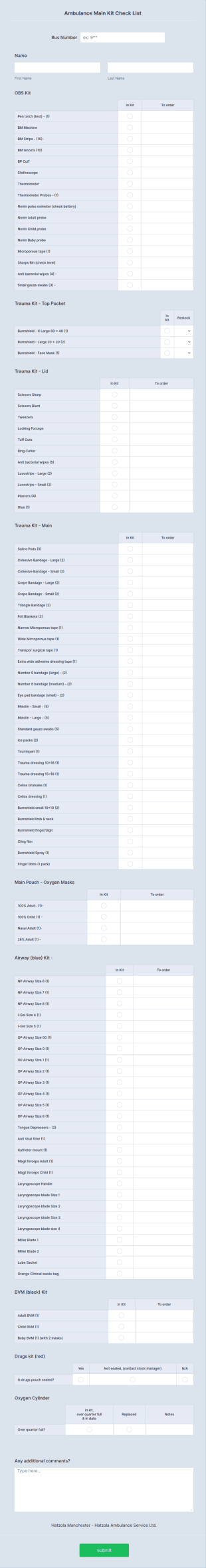 Ambulance Main Kit Checklist Form Template
