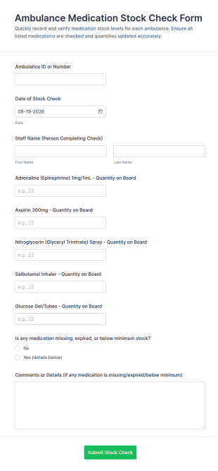 Ambulance Medication Stock Check Form Template