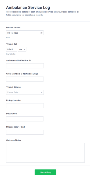 Ambulance Service Log Form Template
