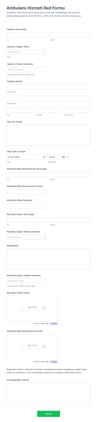 Ambulans Hizmeti Red Form Şablonu
