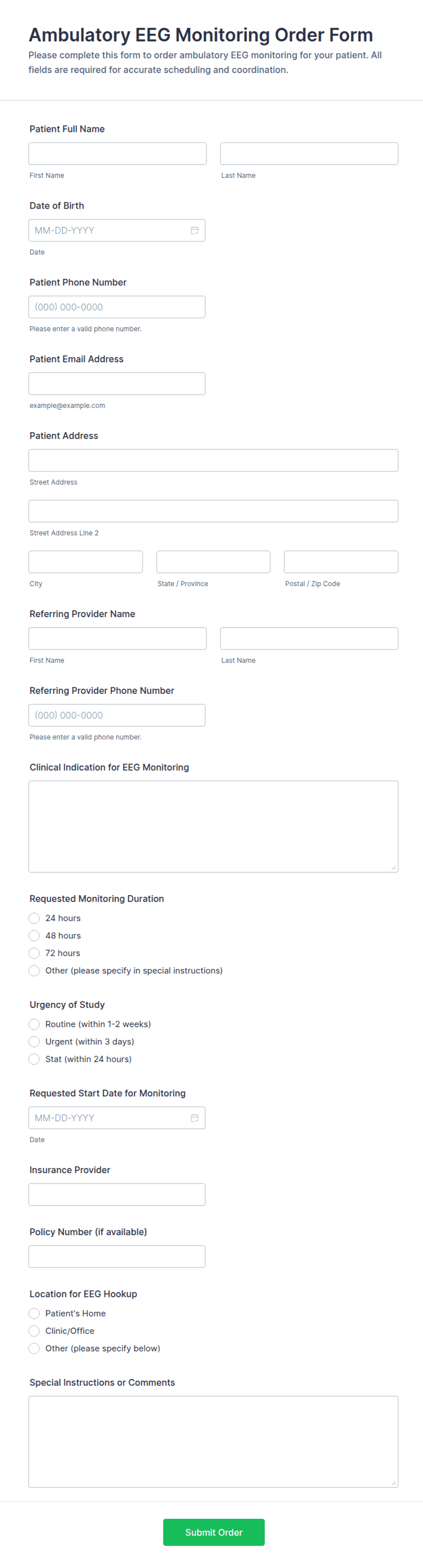 Ambulatory EEG Monitoring Order Form Template | Jotform