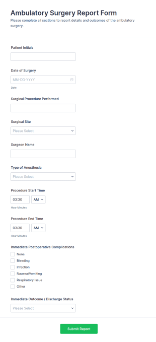Ambulatory Surgery Report Form Template