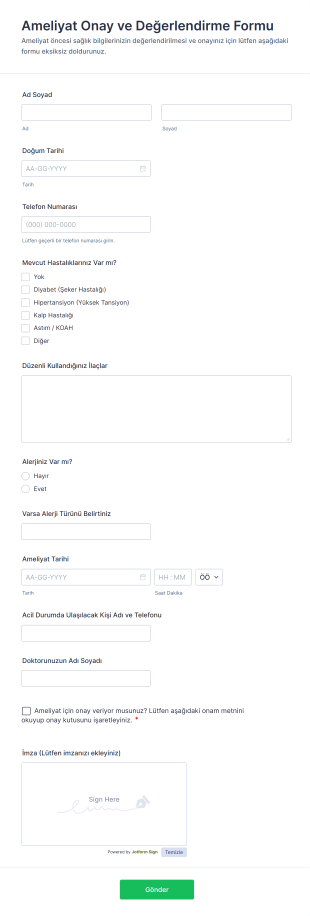 Ameliyat Onay Ve Değerlendirme Form Template