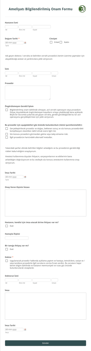 Ameliyatı Bilgilendirilmiş Onam Form Şablonu