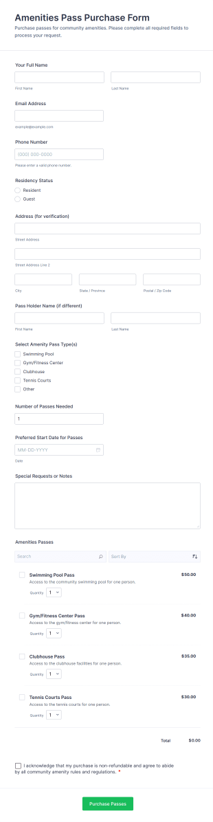 Amenities Pass Purchase Form Template