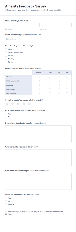 Amenity Feedback Survey Form Template