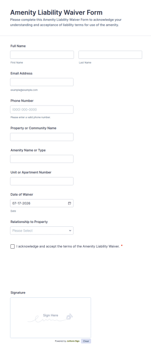 Amenity Liability Waiver Form Template