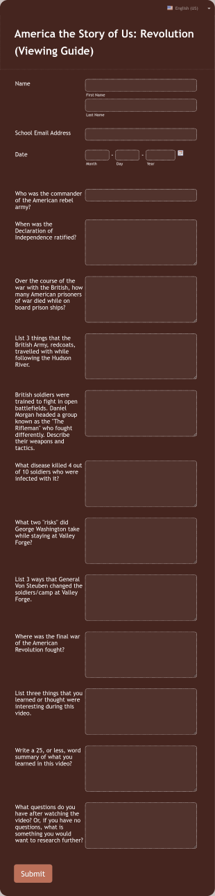 America The Story Of Us Revolution Viewing Guide Form Template