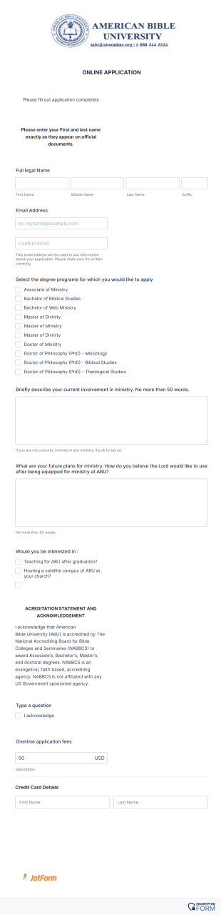 Bible University Application Form Template