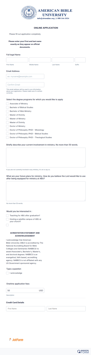 Bible University Application Form Template