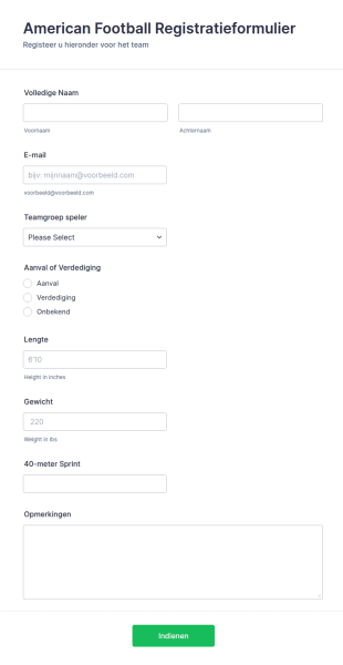 American Football/Sport Registratieformulier