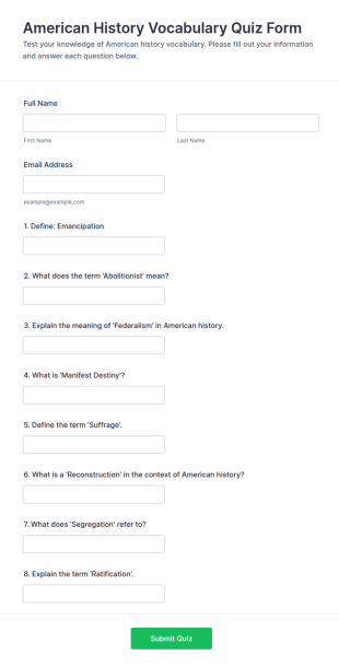 American History Vocabulary Quiz Form Template