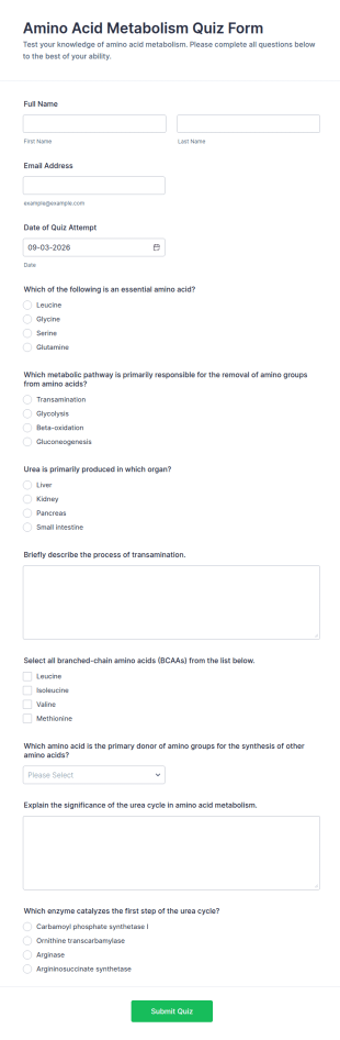 Amino Acid Metabolism Quiz Form Template