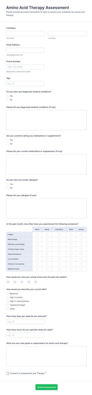 Amino Acid Therapy Assessment Form Template