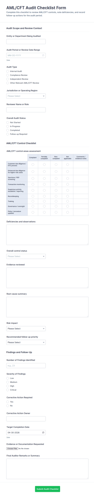 AML/CFT Audit Checklist Form Template