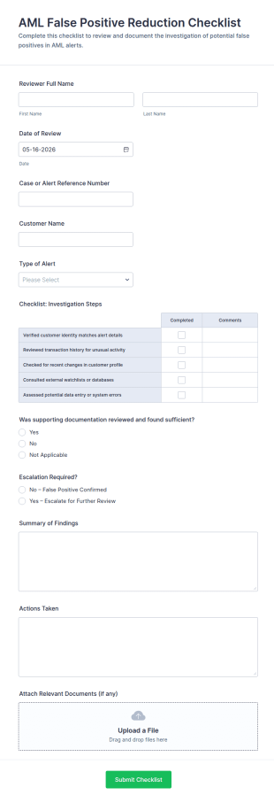 AML False Positive Reduction Checklist Form Template