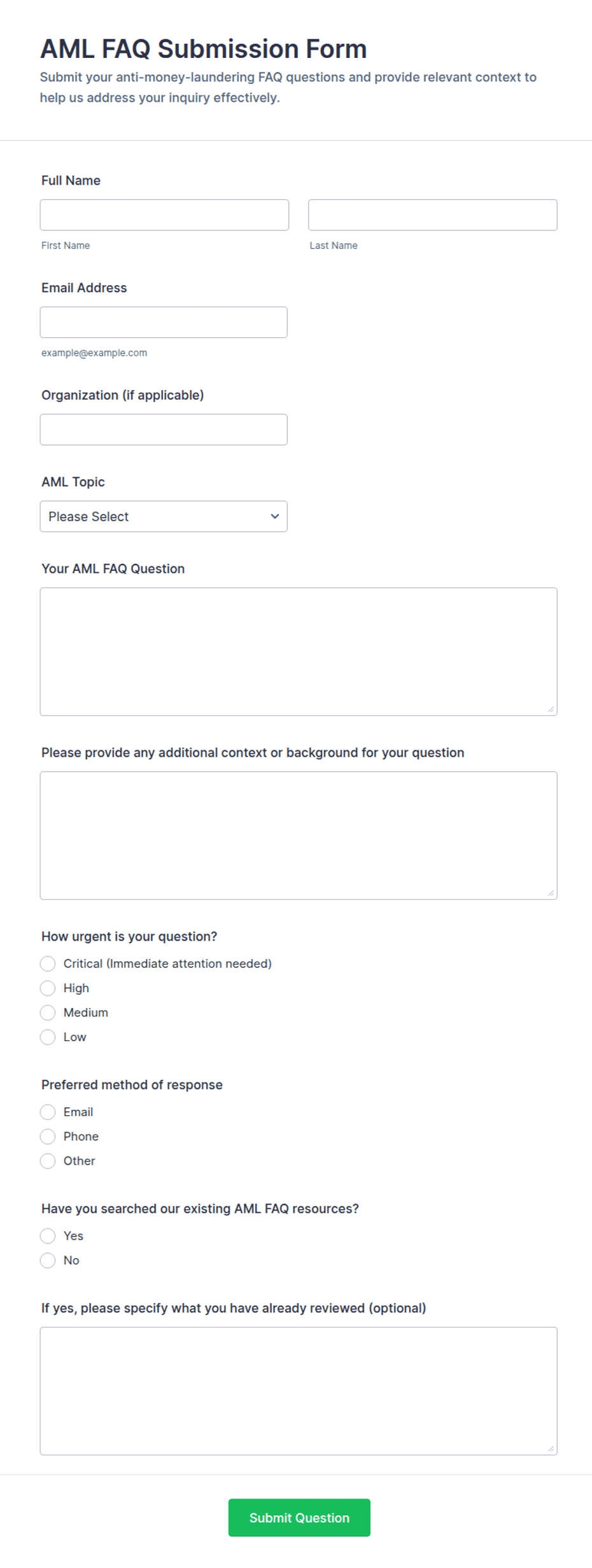 AML FAQ Submission Form Template | Jotform