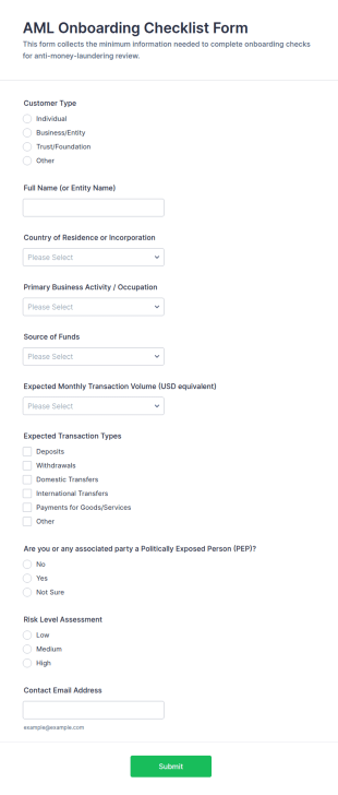 AML Onboarding Checklist Form Template