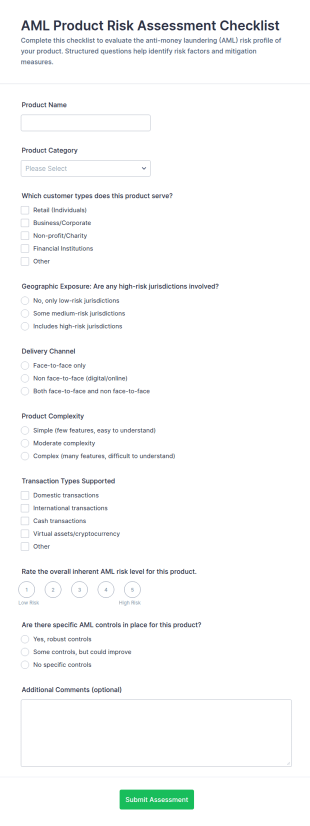 AML Product Risk Assessment Checklist Form Template
