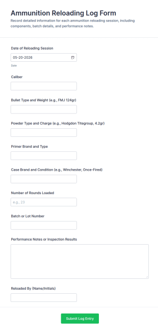 Ammunition Reloading Log Form Template