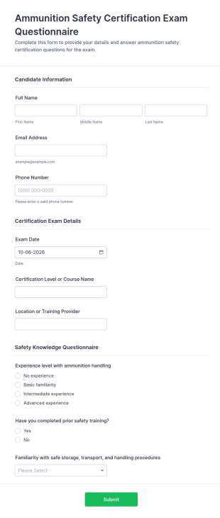 Ammunition Safety Certification Exam Questionnaire Form Template