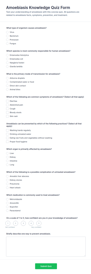 Amoebiasis Knowledge Quiz Form Template
