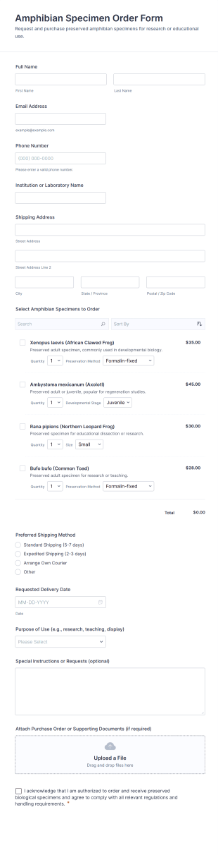 Amphibian Specimen Order Form Template