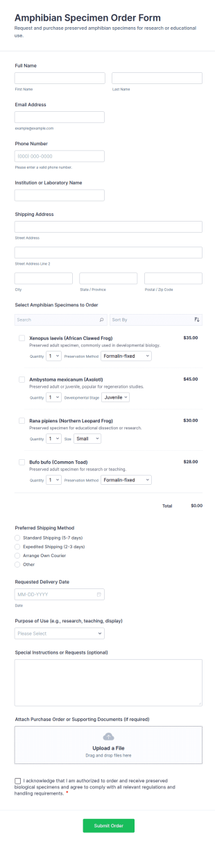 Amphibian Specimen Order Form Template