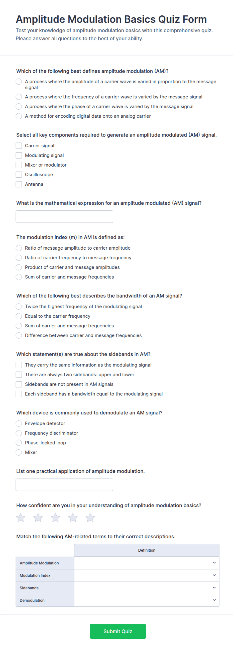 Modelation Amplitude Modulation Basics Quiz Form Template | Jotform