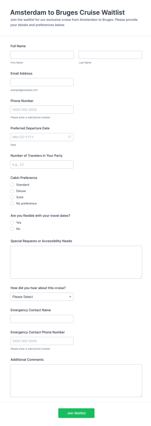 Amsterdam To Bruges Cruise Waitlist Form Template