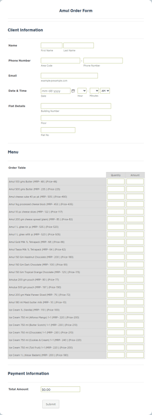 Amul Order Form Template