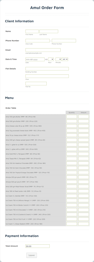 Amul Order Form Template