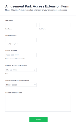 Amusement Park Access Extension Form Template