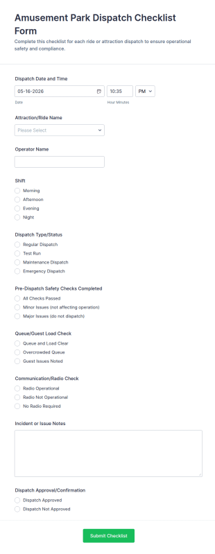 Amusement Park Dispatch Checklist Form Template