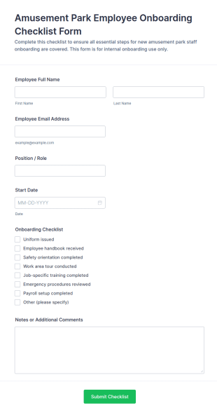 Amusement Park Employee Onboarding Checklist Form Template
