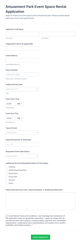 Amusement Park Event Space Rental Application Form Template