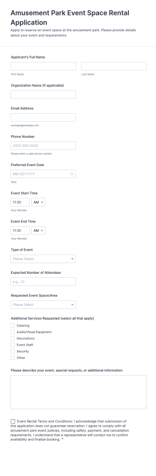 Amusement Park Event Space Rental Application Form Template